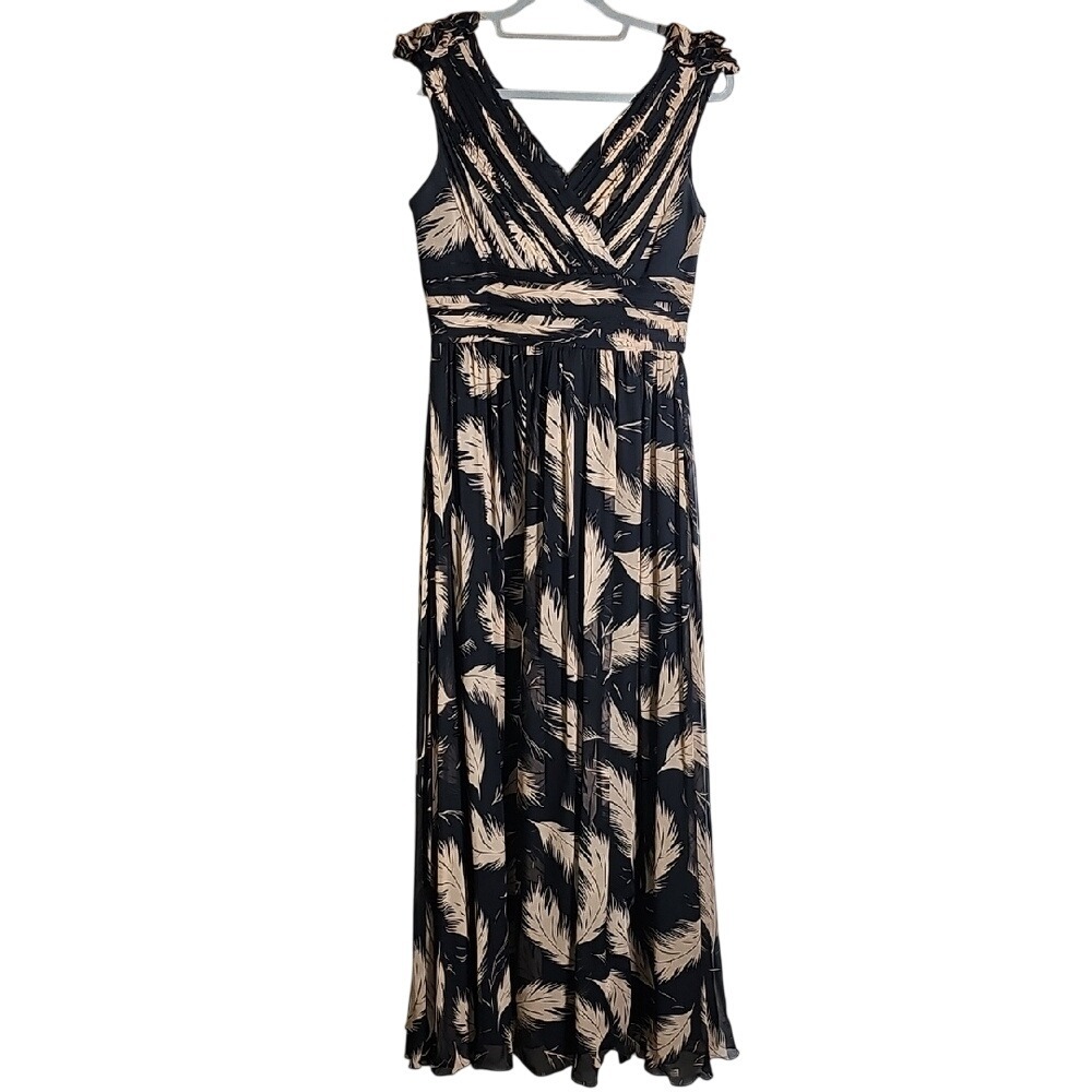 MARCHESA notte 100% Silk Feather Neutral Color Black and Cream Maxi Dress 10